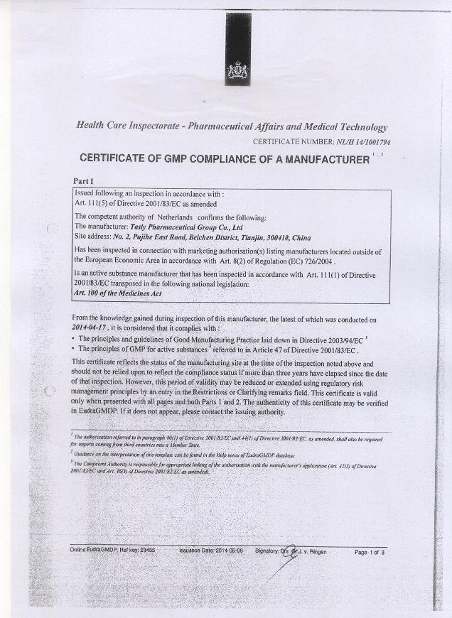 Certificate of GMP compliance of a Manufacturer